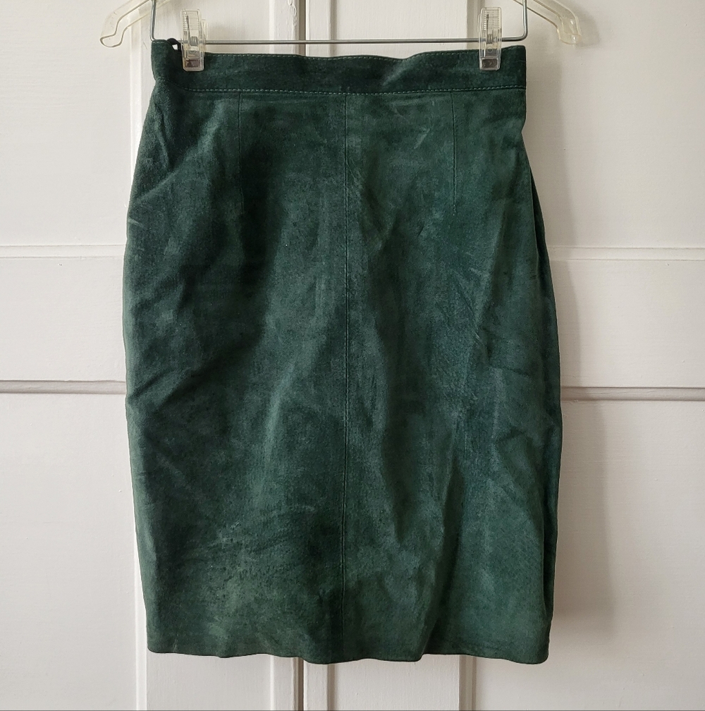 Vintage Dimonti London Forest Green Suede Leather Knee Length Pencil Skirt